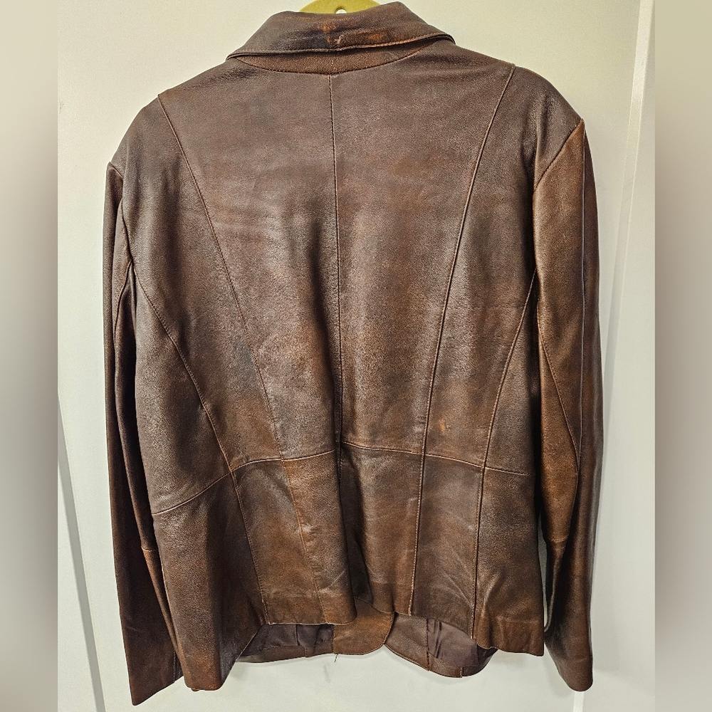 NWOT - Distressed Leather Venezia Brown Blazer - Vintage - 14/16 - Picture 8 of 10